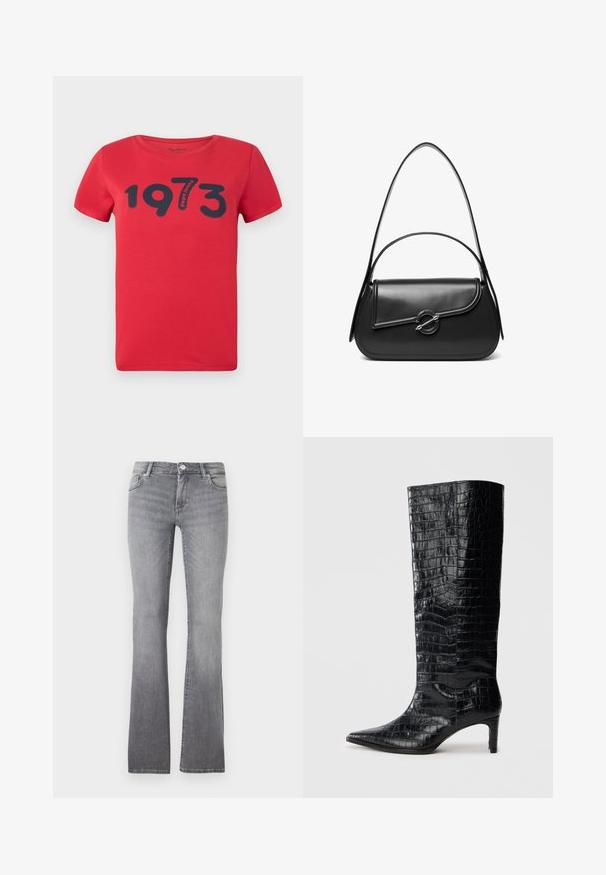 Pepe Jeans BATY - T-shirt print - royal red; Grijze flared jeans van denim met een zachte textuur, met een vijf-pocket ontwerp en een metalen knoopsluiting bij de taille.; Zwarte knielaarzen met een glanzende, krokodillenpatroonstructuur, een puntige neus en een taps toelopende hak. Gladde synthetische materiaal.; Zwarte leren schoudertas met een gebogen klep die is bevestigd met een ronde metalen sluiting en een smalle, verstelbare band.