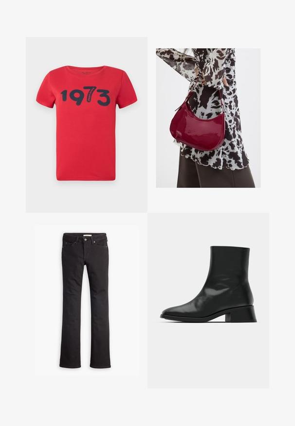 Pepe Jeans BATY - T-shirts print - royal red; Sorte jeans lavet af denim, med lige ben-design, standard talje, fem lommer og diskrete syninger.; Sort ankelstøvle lavet af blank læder, med et strømlinet design, spids tå og en moderat blokhælhøjde for stabilitet.; Kvinde iført en sort- og hvidmønstret bluse, der holder en blank rød skuldertaske mod en ensfarvet baggrund.
