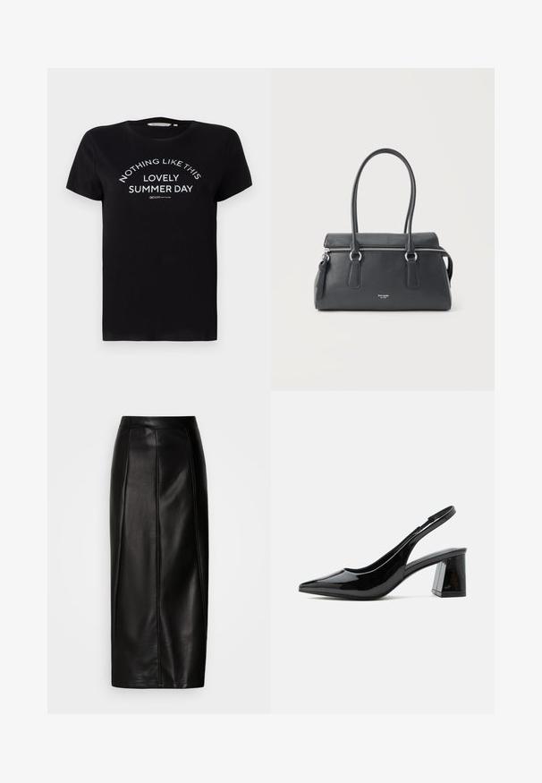 T-shirt en coton noir à manches courtes, col rond, avec un texte imprimé en blanc : « RIEN COMME CE BEAU JOUR D'ÉTÉ » disposé en arc.; Jupe midi en cuir noir avec une taille ajustée, une texture lisse, des détails de coutures apparentes et une silhouette droite. Aucune décoration présente.; Chaussure slingback en cuir verni noir avec bout pointu et talon bloc épais de hauteur moyenne sur fond blanc.; Sac à main rectangulaire en cuir noir avec doubles poignées supérieures et fermeture éclair argentée, posé sur un fond clair uni.
