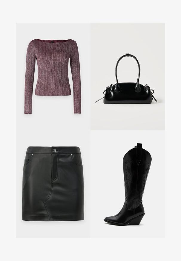 Burgundský dlhý rukáv ribbed top s širokým výstrihom, vyrobený z textúrovanej pleteniny s kovovými odleskami.; Čierna mini sukňa z faux kože s predným gombíkom, zipsom, prednými a zadnými vreckami a švom.; Čierna kožená kovbojská čižma so špicatou špičkou, šikmým blokovým podpätkom, dekoratívnym prešitím a ťahacími pútkami na vrchu na bielom pozadí.; Malá čierna lesklá kabelka s dvoma dlhými rúčkami a bočnými šnúrkovými detailmi na jednoduchom svetlom pozadí.
