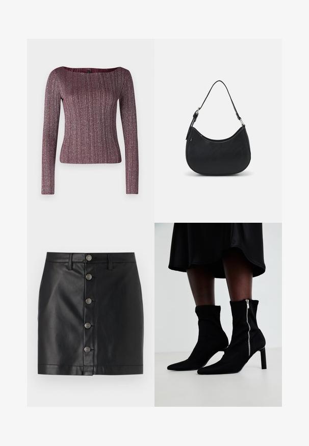 Burgundský dlhý rukáv ribbed top s širokým výstrihom, vyrobený z textúrovanej pleteniny s kovovými odleskami.; Čierna kožená sukňa so priliehavým strihom, s piatimi striebornými kovovými gombíkmi na prednej strane a rovnou lemovaním. Hladká textúra.; Čierne členkové čižmy so strečovým textilným telom, špicatou špičkou a bočným zipsom, s tenkým vysokým podpätkom.; Čierna taška hobo vyrobená z hladkej kože s prehnutým siluetou, s jedným nastaviteľným popruhom a minimalistickými dizajnovými detailmi.