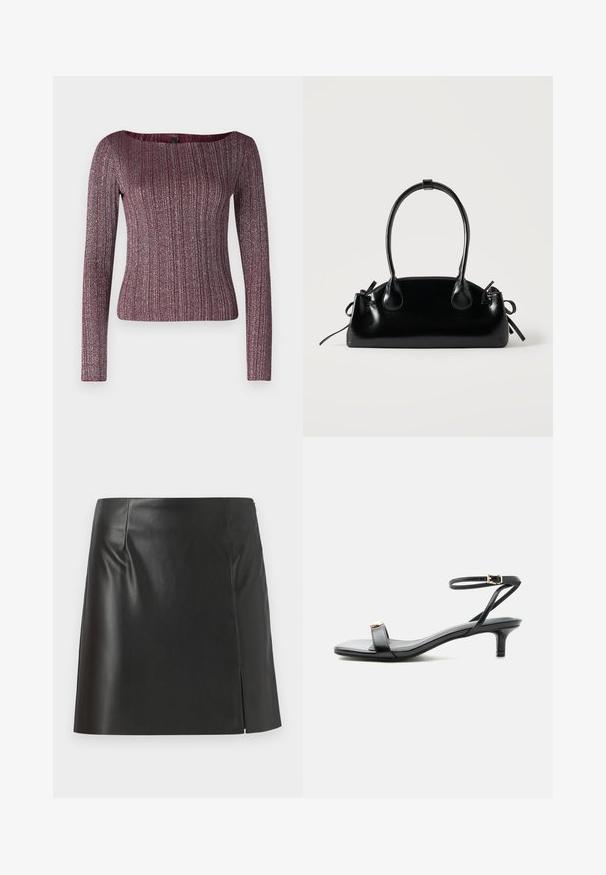 Burgundský dlhý rukáv ribbed top s širokým výstrihom, vyrobený z textúrovanej pleteniny s kovovými odleskami.; Čierna kožená mini sukňa s rovnými líniami, hladkou textúrou a bočným zipsom s rozparkom na jednej strane.; Čierna kožená sandála s otvorenou špičkou, nízkym kitten podpätkom, tenkým remienkom na členku so zlatou prackou a dekoratívnym zlatým akcentom na prednom remienku.; Malá čierna lesklá kabelka s dvoma dlhými rúčkami a bočnými šnúrkovými detailmi na jednoduchom svetlom pozadí.