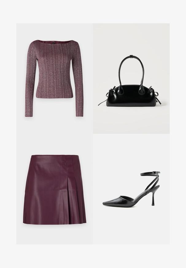 Burgundia pikkade varrukatega ribakujuline topp, millel on lai kaelus, valmistatud tekstuurses kudumiskangas, millel on metallsädelused.; ONLY ONLARTZY Short - Miniseelik - mauve wine; Mustad terava otsaga kõrged kontsakingad peente pahkluu rihmade ja hõbedase pandlaga ühevärvilise heleda taustal.; Väike must läikiv käekott kahe pika sangaga ja külgedel paelakinnitustega, ühel lihtsal helel taustal.