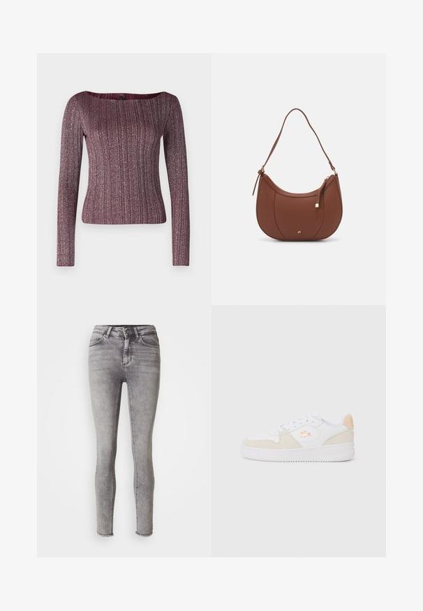 Burgundský dlhý rukáv ribbed top s širokým výstrihom, vyrobený z textúrovanej pleteniny s kovovými odleskami.; Chudé šedé džínsy vyrobené z denimu, s uzáverom na gombík a zips, päť vrecový dizajn a skrátený lem s rozstrapkanými okrajmi.; Biele tenisky so semišovými akcentmi, zaoblenou špičkou a textúrovanou gumovou podrážkou. Vyznačuje sa vyšitým logom v svetlo zlatej farbe na strane a vzadu.; Hnedá umelá kožená taška cez rameno s zakriveným tvarom, minimalistickým šitím a zlatými akcentami. Obsahuje zips na vrchu a nastaviteľný popruh.