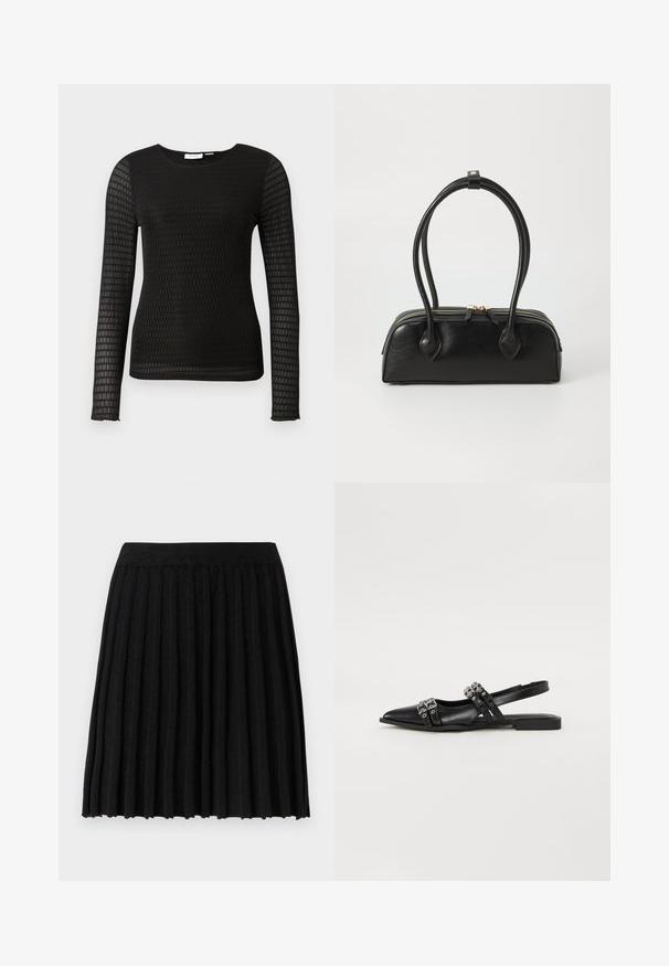 Čierny dlhý rukáv top vyrobený z textúrovanej látky s mriežkovaným vzorom. Má okrúhly výstrih a priliehavý strih.; Vero Moda Knitted VMMARINA Short - Minisukňa - black; Even&Odd by Zalando Balerínky na šnúrky - black; Čierna kožená kabelka s dvoma predĺženými ušami, zipsovým uzáverom a zaobleným tvarom; hladký povrch s jemným lesklým nádychom.