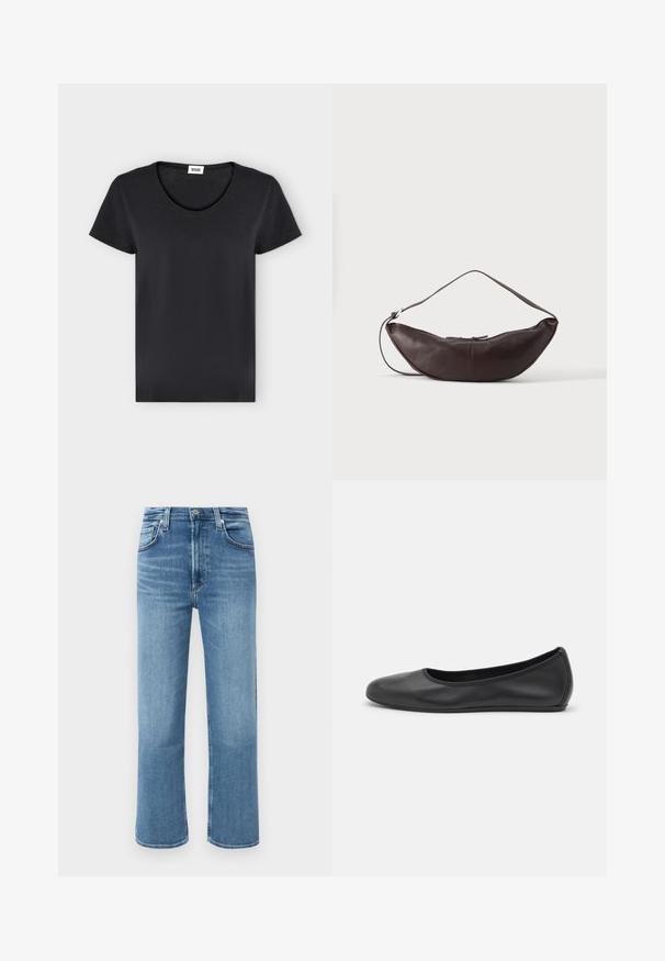 T-shirt noir uni à manches courtes avec col rond et petite étiquette de marque blanche à l'intérieur du col.; Jean en denim bleu moyen, coupe droite, taille haute, à bouton à l'avant et avec cinq poches, sur un fond uni.; Ballerines en cuir noir avec un bout rond, texture lisse, détails de couture minimalistes et design de semelle flexible.; Sac d'épaule en cuir marron foncé en forme de croissant avec une lanière courbée et des coutures visibles sur fond uni.