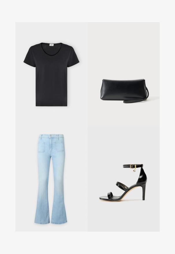 T-shirt noir uni à manches courtes avec col rond et petite étiquette de marque blanche à l'intérieur du col.; Jean en denim bleu clair avec une taille haute, des poches plaquées à l'avant et des jambes évasées sur un fond neutre.; Sandale en cuir verni noir avec trois brides, boucle de cheville et talon aiguille de 10 cm. Présente un détail en métal doré et un charm logo.; Pochette en cuir noir lisse avec une fine lanière de poignet, forme rectangulaire, et logo embossé subtil centré sur le devant.