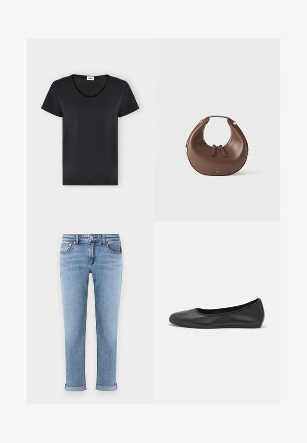 T-shirt noir uni à manches courtes avec col rond et petite étiquette de marque blanche à l'intérieur du col.; Jean en denim bleu clair avec revers roulés, design à cinq poches, braguette zippée et fermeture par bouton.; Ballerines en cuir noir avec un bout rond, texture lisse, détails de couture minimalistes et design de semelle flexible.; Sac à main en cuir marron en forme de croissant avec une poignée supérieure et deux curseurs de fermeture éclair, sur fond blanc.
