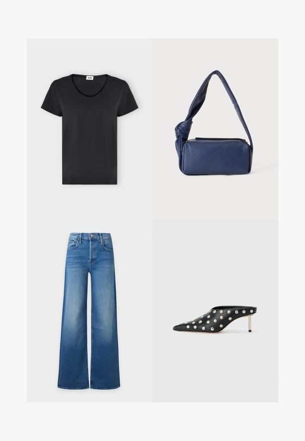 T-shirt noir uni à manches courtes avec col rond et petite étiquette de marque blanche à l'intérieur du col.; Jean bleu taille haute à jambes larges avec poches avant, passants pour ceinture et fermeture par bouton, présenté sur un fond clair.; STAND STUDIO KELSEY - Mules à talons - black; Sac à bandoulière rectangulaire en cuir bleu foncé avec une sangle douce nouée et une fermeture éclair sur le dessus, présenté sur un fond uni.