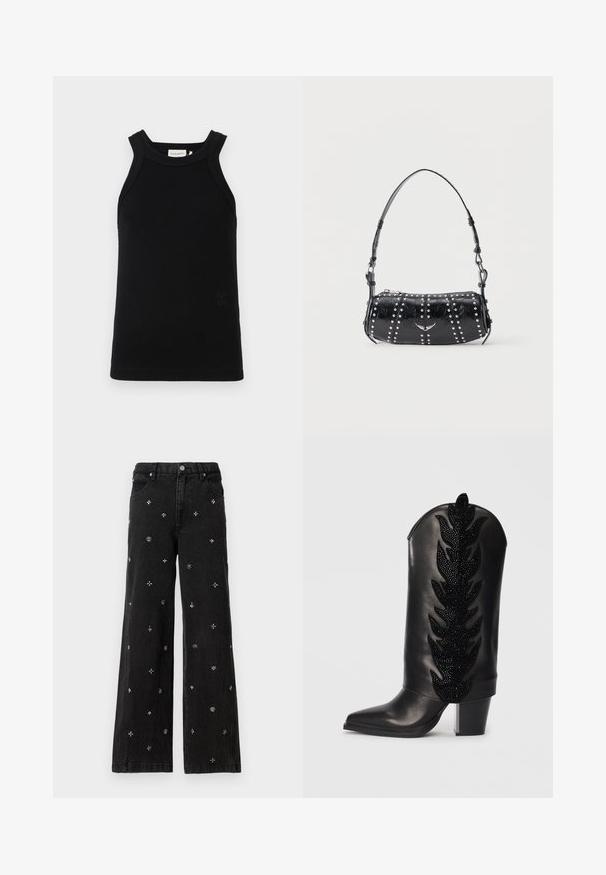 Top de tirantes acanalado negro con tirantes anchos, que presenta un escote redondeado y un pequeño detalle de logo embosado en la parte inferior.; Jeans anchos negros de mezclilla que presentan intrincadas cuentas plateadas y bordados en patrones florales y geométricos por todo su diseño.; Bota vaquera de cuero negro con puntera afilada, decorada con un patrón de hojas en cristales negros en el caña. Tacón grueso y cuadrado.; Bolso de hombro de charol negro con tachuelas plateadas dispuestas en filas verticales y un pequeño emblema plateado de pájaro en el centro frontal.