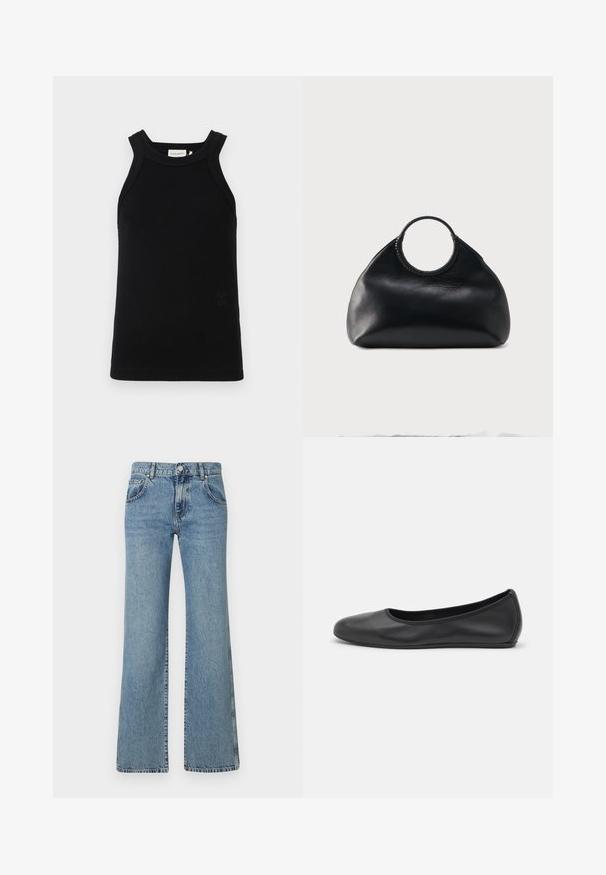 Top de tirantes acanalado negro con tirantes anchos, que presenta un escote redondeado y un pequeño detalle de logo embosado en la parte inferior.; Jeans de mezclilla de color azul claro, acampanados, con una cinturilla con cierre de botón, cinco bolsillos y un diseño clásico cosido.; Bailarina de piel negra con punta redondeada, textura suave, detalle de costura minimalista y diseño de suela flexible.; Bolso de cuero negro con forma redondeada y asa superior circular envuelta en costura de cuero a juego.