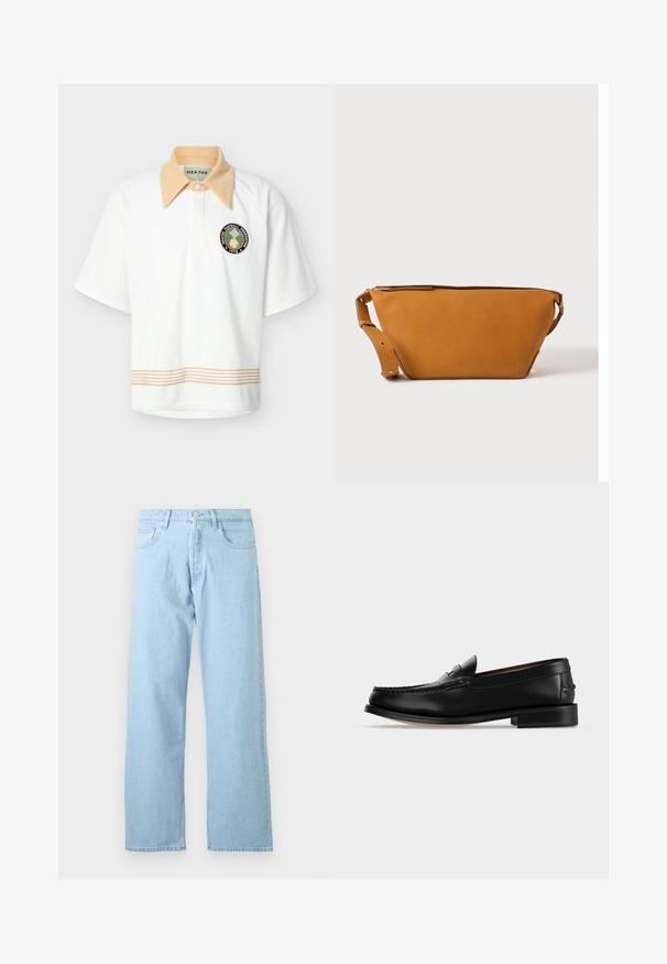 Polo blanc à manches courtes avec col pointu beige, bordure rayée beige à l'ourlet, et écusson circulaire "HEATHE Football Federation 1978" sur la poitrine.; Jean droit en denim bleu clair avec fermeture avant par bouton et zip, passants de ceinture et style cinq poches.; Mocassin homme en cuir noir avec un petit talon et une couture de style mocassin sur l'avant, vu de côté sur un fond uni.; Sac bandoulière en cuir marron clair avec sangle réglable et fermeture éclair, présenté sur un fond clair uni.