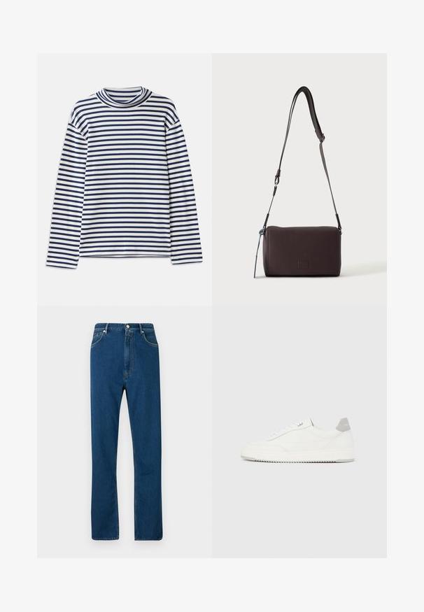 CLOSED TURTLE NECK - Top s dlhým rukávom - dark night; Modré džínsy z denimu s vysokým pásom, rovný strih nohavíc, piatimi vreckami a kontrastným oranžovým prešitím. Hladká textúra.; Biela nízka teniska so sivým pätovým pásikom, bielymi šnúrkami a členitou podrážkou, zobrazená na jednoduchom svetlom pozadí.; Tmavohnedá kožená crossbody taška s textúrou, nastaviteľným popruhom a malým dekoratívnym modrým prvkom na boku.