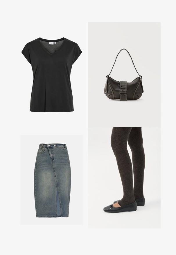 Zwart T-shirt met V-hals en kapmouwtjes, gemaakt van zacht materiaal, met een losse pasvorm en minimale stikdetail.; Denim kokerrok in vervaagd blauw met een split aan de voorkant, twee voorzakken en een zilveren knoopsluiting. Lichtelijk verouderde textuur.; Benen met donkere geribbelde leggings gecombineerd met zwarte ballerina's met kleine strikdetails op een witte achtergrond.; Zwarte leren schoudertas met gespsluiting aan de riem, afgeronde hoeken en contrasterende witte stiksels op een effen achtergrond.