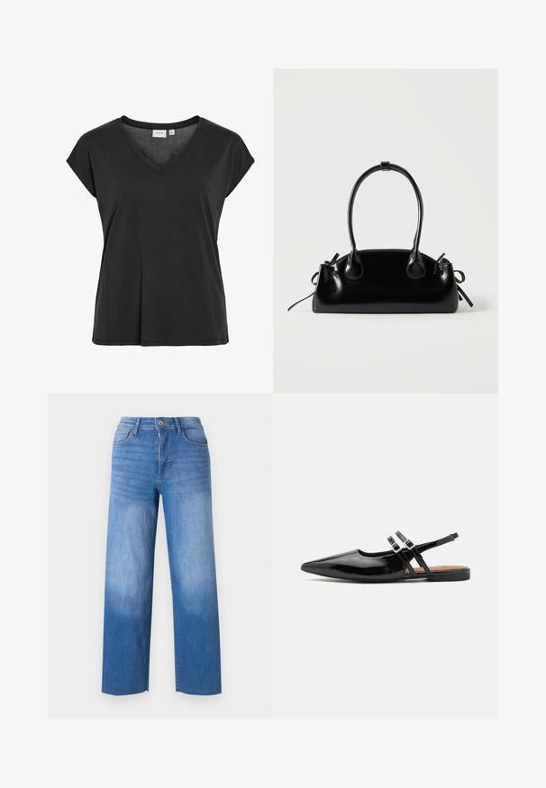 T-shirt noir avec encolure en V et manches courtes, en matériau doux, présentant une coupe décontractée et un détail minimal de couture.; Jean en denim bleu clair à jambe large, avec cinq poches, un zip sur le devant et un léger délavage sur les cuisses. Finitions propres.; Des chaussures slingbacks en cuir verni noir présentent un bout pointu, deux sangles avec des accents de boucle, et une semelle plate.; Petit sac à main noir brillant avec deux longues anses et des détails à cordon sur les côtés sur un fond clair uni.