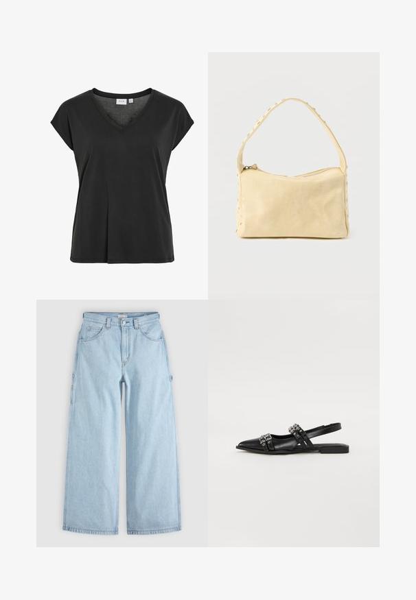 Zwart T-shirt met V-hals en kapmouwtjes, gemaakt van zacht materiaal, met een losse pasvorm en minimale stikdetail.; Lichtblauwe denim jeans met wijde pijpen, voorzakken, riemlussen en zijlusjes voor gereedschap, plat gelegd op een grijze achtergrond.; Even&Odd by Zalando Slingback ballerina´s - black; Kleine beige leren handtas met een enkele band en zilveren studs langs de randen en band, tegen een effen achtergrond.