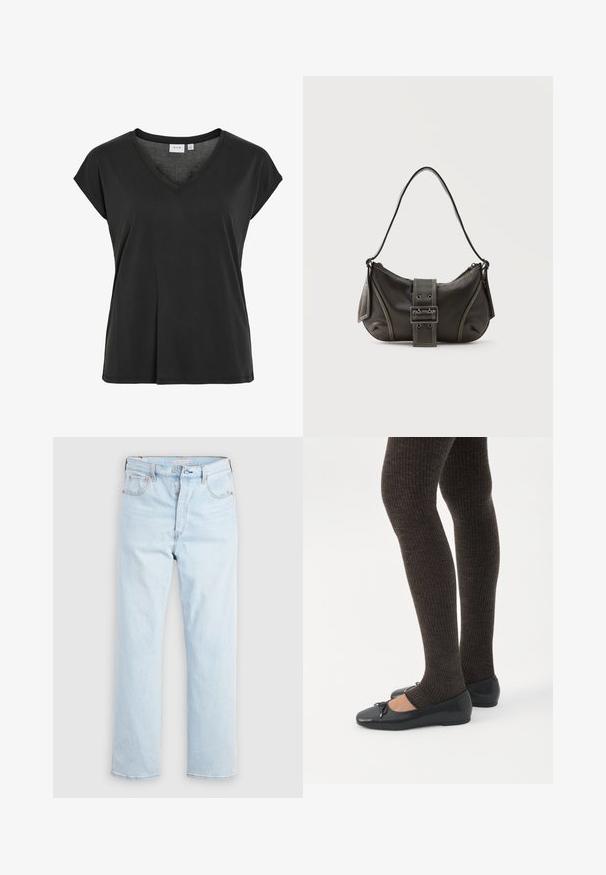 Camiseta negra con cuello en V y mangas tipo cap, fabricada con material suave, que presenta un ajuste relajado y un detalle de costura minimalista.; Vaqueros azul claro de tiro alto y pierna recta con cierre de botones y bolsillos delanteros y traseros sobre un fondo blanco liso.; Piernas con leggings oscuros acanalados combinados con bailarinas negras que presentan pequeños detalles de lazo sobre un fondo blanco.; Bolso de hombro de cuero negro con detalle de correa con hebilla, bordes curvos y costuras blancas en contraste sobre un fondo liso.