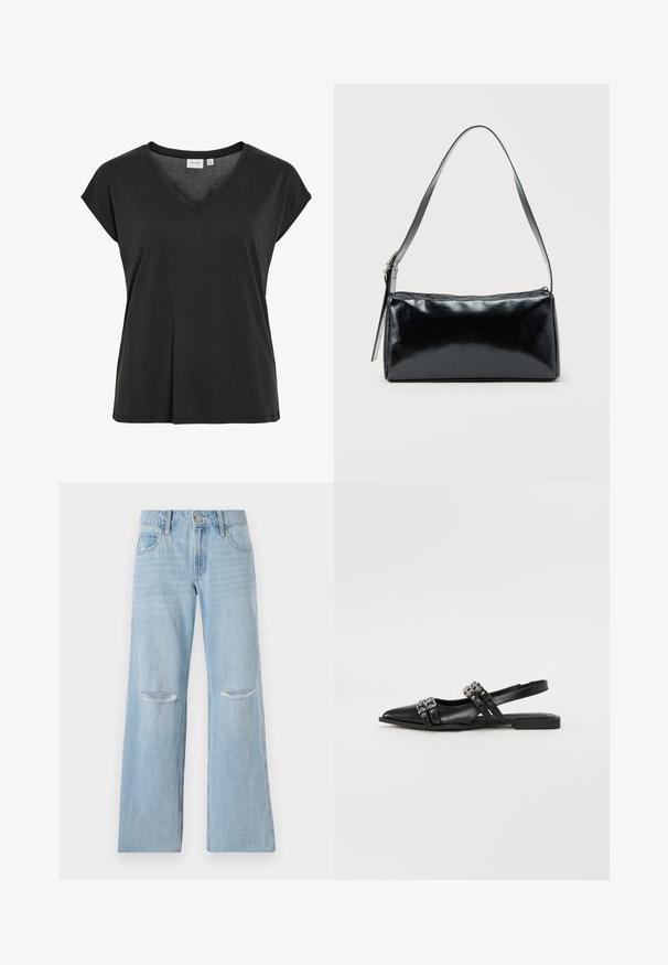 T-shirt noir avec encolure en V et manches courtes, en matériau doux, présentant une coupe décontractée et un détail minimal de couture.; Jean en denim bleu clair avec une taille haute, une jambe large et deux accents de genoux déchirés. Agrémenté de passants de ceinture et de poches avant.; Even&Odd by Zalando Ballerines à brides arrière - black; Sac d'épaule rectangulaire noir avec une sangle réglable unique et une fermeture éclair supérieure sur un fond uni.