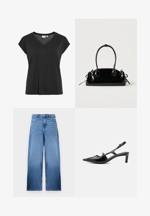 T-shirt noir avec encolure en V et manches courtes, en matériau doux, présentant une coupe décontractée et un détail minimal de couture.; Jeans large en denim bleu clair, taille haute, cinq poches, fermeture éclair et bouton. Présente un léger délavage pour une texture raffinée.; Chaussure slingback en cuir verni noir à bout pointu, petit talon et deux brides réglables avec boucles, vue de profil latéral.; Petit sac à main noir brillant avec deux longues anses et des détails à cordon sur les côtés sur un fond clair uni.