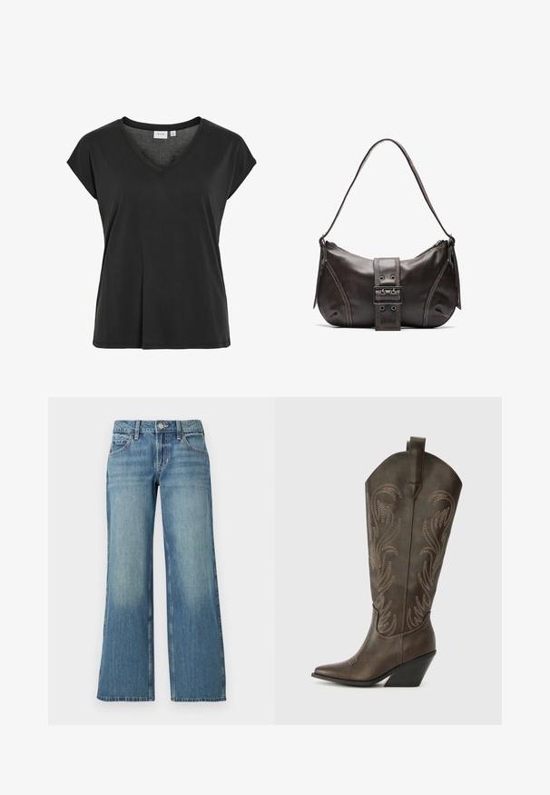 Zwart T-shirt met V-hals en kapmouwtjes, gemaakt van zacht materiaal, met een losse pasvorm en minimale stikdetail.; Lichtblauwe spijkerbroek met een brede pijp, voorzien van een mid-rise taille, voorzakken en subtiele vervaging, met een gladde textuur.; Bruine leren cowboylaars met een spitse neus, wiggenhak en decoratieve borduursels. Heeft een hoge schacht en een trekriem.; Bruine leren schoudertas met een gebogen vorm, voorzien van een opvallende gespdetail, contrasterende stiksels en een enkele schouderband.