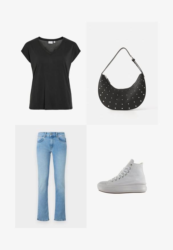 Zwart T-shirt met V-hals en kapmouwtjes, gemaakt van zacht materiaal, met een losse pasvorm en minimale stikdetail.; Lichtblauwe denim jeans met een strakke taille, uitlopende pijpen, een vijf-pocket ontwerp en een knoopsluiting. De stof heeft een zachte textuur.; Witte hoge canvas sneaker met witte veters, metalen oogjes, dikke rubberen zool en gestructureerde neuskap, naar links gericht op een witte achtergrond.; Zwarte leren handtas met een gebogen vorm, versierd met zilveren studs, voorzien van een ritssluiting en een enkele verstelbare schouderband.