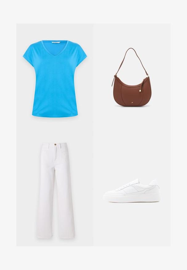 Camiseta de algodón azul con escote en V y mangas cortas, de textura suave y diseño informal. Sencilla, de un color sólido sin patrones ni adornos.; Jeans blancos de pierna ancha, hechos de denim, con una cintura alta, cierre frontal con botón y dos bolsillos traseros. Textura suave, detalles de costura mínimos.; Zapatilla blanca de corte bajo con suela gruesa, diseño con cordones y detalles de costura sutiles sobre un fondo claro y uniforme.; Bolso de hombro de imitación cuero marrón con forma curva, costura mínima y un acento de hardware en tono dorado. Presenta un cierre de cremallera en la parte superior y una correa ajustable.