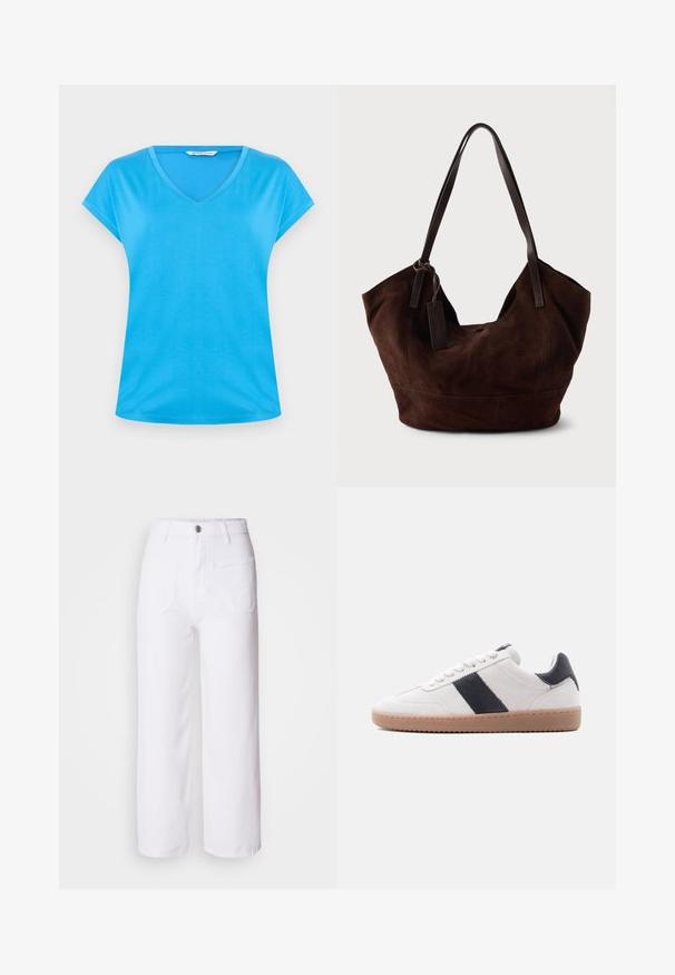 Camiseta de algodón azul con escote en V y mangas cortas, de textura suave y diseño informal. Sencilla, de un color sólido sin patrones ni adornos.; Pantalones de mezclilla anchos de color blanco con cierre de botón, trabillas para cinturón, dos bolsillos frontales y un bolsillo trasero. Tejido duradero y texturizado.; Zapatilla de ante blanca con suela de goma color marrón claro y una franja de cuero negro junto con una lengüeta en el talón, vista de perfil sobre un fondo blanco.; Bolso de ante marrón con una forma suave y caída. Presenta asas de cuero y un acento de etiqueta. Textura lisa con costuras curvas.