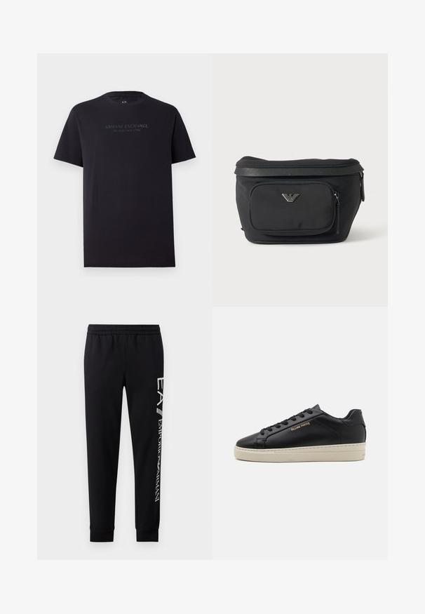 T-shirt en coton noir à manches courtes, col rond et légèrement ample. Présente le texte "ARMANI EXCHANGE MILANO / NEW YORK" en gris foncé.; Pantalons de survêtement noirs en mélange de coton, dotés d'une taille élastique, de jambes fuselées, de poignets côtelés et d'un imprimé logo blanc sur le côté.; Sneaker en cuir noir avec une finition lisse, semelle crème contrastante, bout arrondi, logo doré sur le côté et six œillets pour les lacets.; Sac banane noir avec poche avant zippée et logo aigle argenté, tissu lisse avec bordure texturée et tirettes de fermeture éclair.