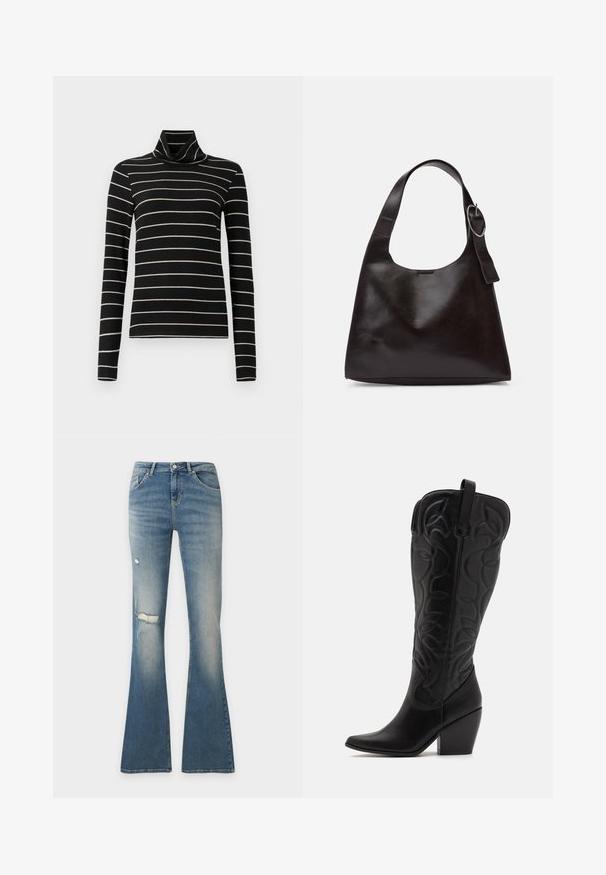 Sort turtleneck med lange ærmer, der har vandrette hvide striber. Blødt stof med en glat tekstur. Løst design, alsidig stil.; Blå denim flare-jeans med slidte detaljer på venstre lår og knæ, frontknap og femlommers-design.; Sorte knæhøje støvler i læder med spids snude og lagdelt hæl. Har dekorative syninger og buede designelementer.; Brun læder skuldertaske med en glat tekstur, rund form, bred rem og cirkulært metalaccent på håndtaget.