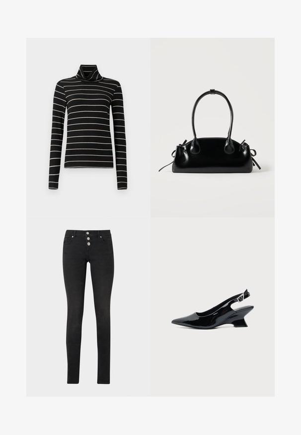 Sort turtleneck med lange ærmer, der har vandrette hvide striber. Blødt stof med en glat tekstur. Løst design, alsidig stil.; Sorte skinny jeans lavet af denim, med høj talje og tre sølvknapper samt et klassisk design med fem lommer.; Sort laklæder slingback sko med spids tå og lav vinklet blokhæl på ensartet lys baggrund.; Lille sort blank håndtaske med to lange håndtag og snøre-detaljer i siden på en ensfarvet lys baggrund.