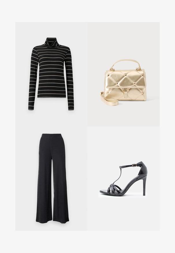 Sort turtleneck med lange ærmer, der har vandrette hvide striber. Blødt stof med en glat tekstur. Løst design, alsidig stil.; Sorte breddebenede bukser lavet af et blødt, strækbart materiale med en subtil glans, der har en elastisk linning og en afslappet pasform.; Sort patentlæder højhælede sandal med tynde stropper, T-bar design, spænde-lukning og en slank, buet silhuet.; Lille metalisk guldtaske med håndtag øverst, aftagelig skulderrem, quiltet mønster og guldfarvede nitter på ensfarvet baggrund.