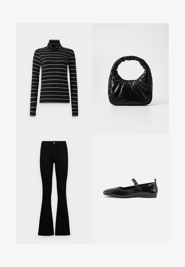 Sort turtleneck med lange ærmer, der har vandrette hvide striber. Blødt stof med en glat tekstur. Løst design, alsidig stil.; Sorte højtaljede jeans med knap- og lynlåslukning, forlommer og flagrende ben, lagt fladt på en hvid baggrund.; Sorte patentlæder flade sko med spidse tæer, en ankelrem med spænde og en glat, blank tekstur. Lav hæl for komfort.; Sort polstret håndtaske med et rundt håndtag, der har en glat, skinnende overflade og en blød, kviltet tekstur. Ingen synlige hardware eller accenter.