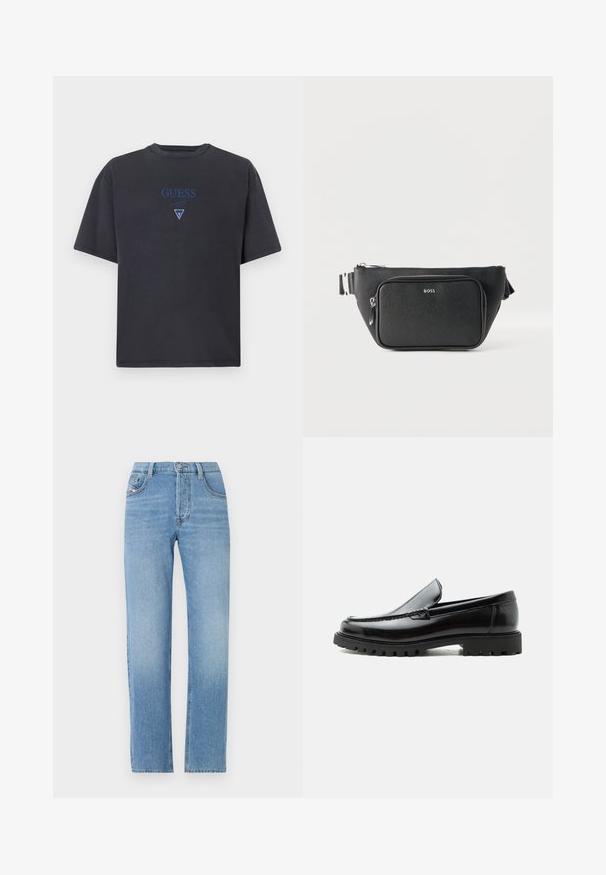 Donkergrijze t-shirt van katoen, met een ronde hals en korte mouwen. Blauwe geborduurde 'GUESS' logo en driehoekig accent in het midden.; Lichtblauwe denim jeans met een recht design, knoopsluiting, vijf-pocket styling en een subtiele vervaging. Klassieke jeanssilhouet.; Zwarte leren loafer met dikke rubberen zool, gestikte bovenkant en gegraveerde merknaam op de hiel, zijaanzicht op witte achtergrond.; Zwarte getextureerde leren heuptas met voorvak met ritssluiting en zilverkleurig "BOSS"-logo, verstelbare riem en hoofdvak met ritssluiting.