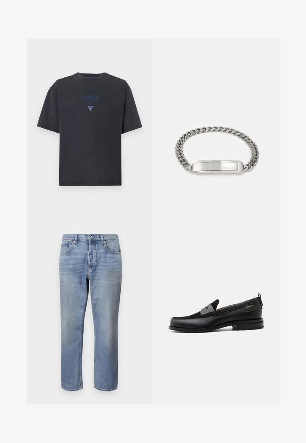 Donkergrijze t-shirt van katoen, met een ronde hals en korte mouwen. Blauwe geborduurde 'GUESS' logo en driehoekig accent in het midden.; Lichtblauwe denimjeans met een rechte pijp, vijfzakkenontwerp, zichtbare stiksels en een knoopsluiting aan de taille.; Zwarte leren loafer met grijs riemdetailelement, lage hak en gestructureerde zool, aan de zijkant gebrandmerkt met "HUGO" in goud.; Metalen schakelarmband in zilver met een vlak, gepolijst rechthoekig middelstuk gegraveerd met "Calvin Klein." Heeft een getextureerd, in elkaar grendelend schakelontwerp.