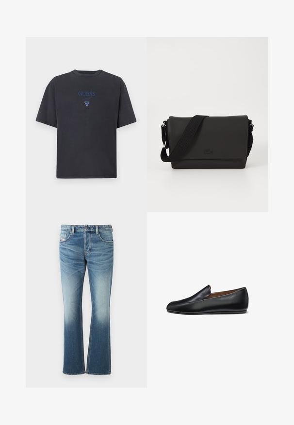 Mørkegrå t-shirt lavet af bomuld, med rund hals og korte ærmer. Blå broderet "GUESS" logo og trekantet detalje i midten.; Blå denim jeans med en flared design, der har en falmet vask, fem lommer og kontrastsy. Knaplukning i taljen.; Sort læder slip-on loafer med et elegant, minimalistisk design og rundet tå, vist i profil mod en hvid baggrund.; Lacoste MESSENGER BAG MEN CLASSIC - Skuldertasker - noir