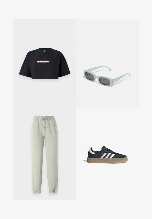 Camiseta de cropped negra, de manga corta, hecha de algodón. En el frontal se muestra el logotipo "Quiksilver Boarding Company" en blanco y rojo.; Pantalones de chándal verde claro con un cinturón elástico, cordón ajustable y puños ajustados. Presenta detalles de costura vertical a lo largo del frente.; Zapatilla deportiva de cuero negro con tres rayas plateadas, punta texturizada y suela de goma. Cuenta con un collar acolchado y un diseño con cordones.; Un par de gafas de sol rectangulares con montura translucida azul clara y lentes gris oscuro, que cuentan con patillas rectas y detalles de hardware mínimos.