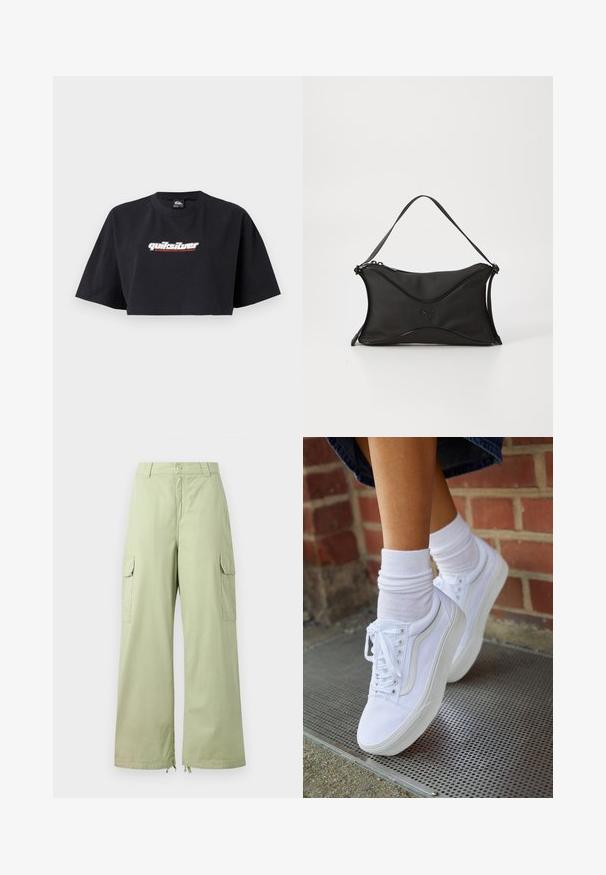 Camiseta de cropped negra, de manga corta, hecha de algodón. En el frontal se muestra el logotipo "Quiksilver Boarding Company" en blanco y rojo.; Pantalones cargo verde claro con piernas anchas, hechos de algodón. Cuenta con dos bolsillos laterales y un cierre de botón. Textura suave y diseño casual.; Zapatillas de lona blancas con suelas de goma, que presentan seis ojales, puntera redonda y detalles de costura ligera, combinadas con calcetines blancos hasta el tobillo.; Bolso negro con un material suave y texturizado. Presenta un diseño ondulado, una correa para el hombro y un sutil detalle del logo en la parte frontal.