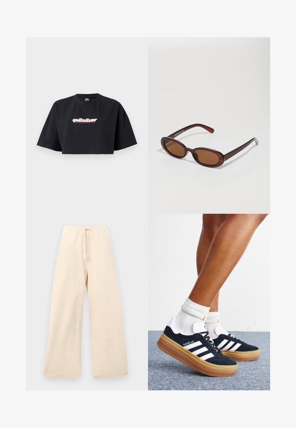 Camiseta de cropped negra, de manga corta, hecha de algodón. En el frontal se muestra el logotipo "Quiksilver Boarding Company" en blanco y rojo.; Pantalones de pierna ancha en un beige claro, hechos de una tela texturizada. Presentan una cintura elástica con un cordón. Diseño simple y sin adornos.; Piernas con calcetines blancos y zapatillas Adidas Gazelle negras con rayas blancas y suelas marrones gruesas sobre un suelo alfombrado gris.; Gafas de sol redondas con tinte marrón y un marco burdeos brillante. Patillas delgadas con un sutil detalle de marca. Diseño de lentes planos.