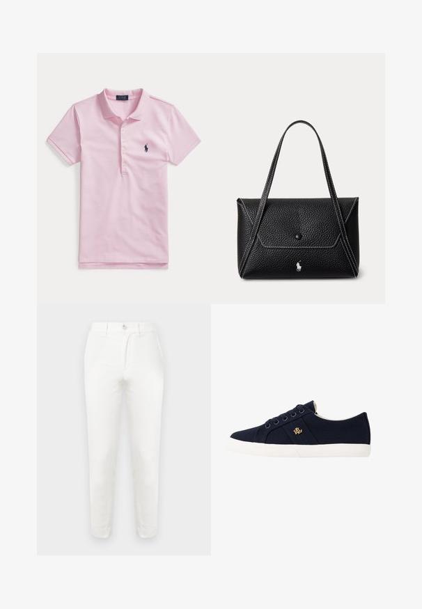 Lys rosa kortermet polo med krage, fire knapper og en liten mørkeblå brodert logo på venstre bryst.; Hvite bomulls bukser med smal passform, som har enkel knappelukking, flat front og avsmalnende ben. Stoffet virker glatt med minimal tekstur.; Lauren Ralph Lauren JANSON II CANVAS SNEAKER - Joggesko - navy; Svart teksturert skinnveske med enkelt knappeklaff, to skulderstropper, hvite sømmer og liten hvit hestelogo foran.