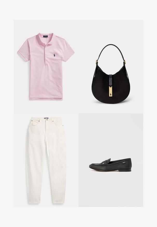 Lyserød kortærmet polo med krave, fire knapper og et lille mørkeblåt broderet logo på venstre bryst.; Hvide høj-taljede jeans med lige ben, foran knap og lynlås, fem-lommer design og Polo mærkeetiket på linningen.; Sort læderloafer med tekstureret finish, penny keeper-detalje, slank profil, diskret branding på siden og lav, flad hæl.; Sort ruskind skuldertaske med enkelt sort rem og guldlås med en polospiller-logo.