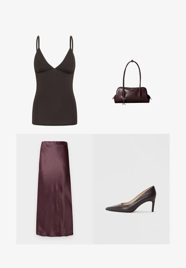 Camisole ajustée marron foncé avec de fines bretelles réglables et un décolleté en V.; Jupe maxi en satin bourgogne avec une texture lisse, silhouette en A et une taille discrète, présentant un design minimal et sans matériel visible.; Chaussure à talon haut en cuir marron à bout pointu avec un talon fin de 7 cm, texture lisse et design minimaliste. Pas d'ornements visibles.; Sac à main en cuir brun foncé Calvin Klein avec de longues poignées doubles et un petit porte-clé logo suspendu à une poignée.