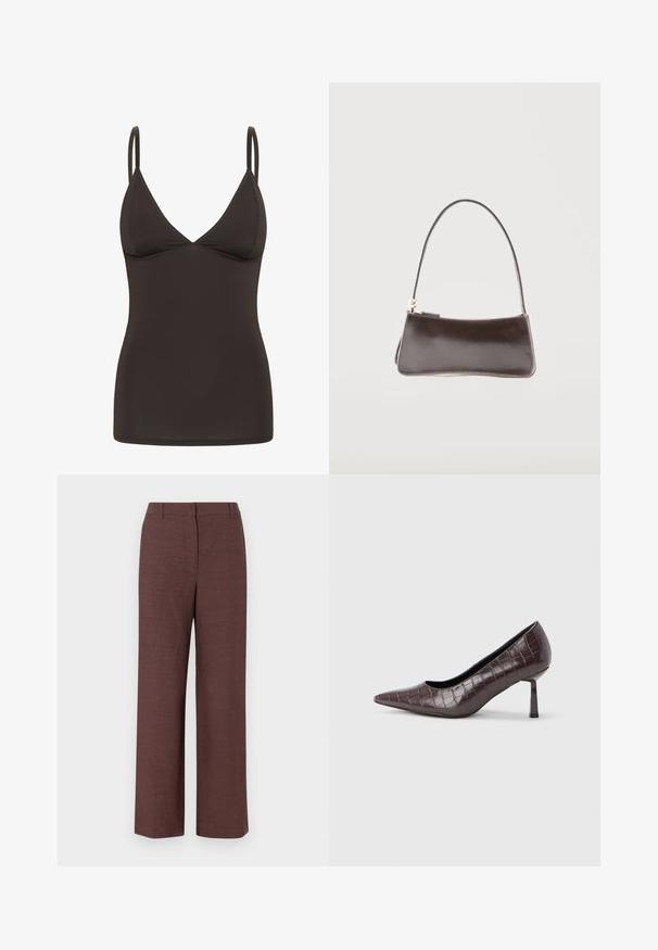 Camisole ajustée marron foncé avec de fines bretelles réglables et un décolleté en V.; Pantalons larges marron en tissu texturé avec une finition lisse, présentant un devant plat, des passants de ceinture et des poches latérales.; Escarpins à bout pointu en similicuir marron avec une texture crocodile, dotés d’un talon fin et angulaire ainsi que d’une doublure intérieure lisse.; Petit sac à main rectangulaire en cuir marron foncé avec une bandoulière unique et une fermeture éclair dorée.