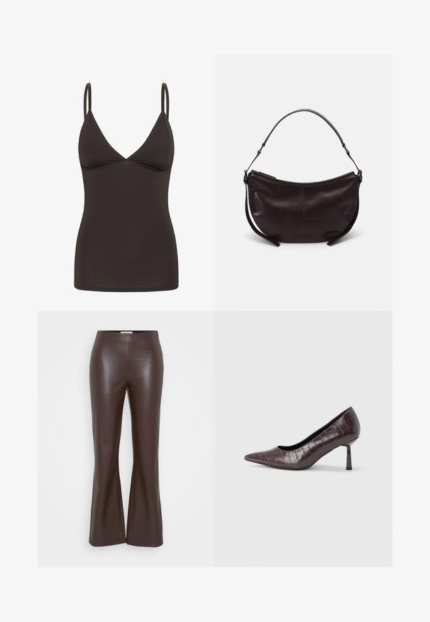 Camisole ajustée marron foncé avec de fines bretelles réglables et un décolleté en V.; ONLY Tall ONLSMOOTH KICK FLARE - Pantalon classique - seal brown; Escarpins à bout pointu en similicuir marron avec une texture crocodile, dotés d’un talon fin et angulaire ainsi que d’une doublure intérieure lisse.; Sac à épaule en cuir marron foncé avec une forme courbe, texture lisse et une seule sangle réglable. Doté d'une fermeture éclair.