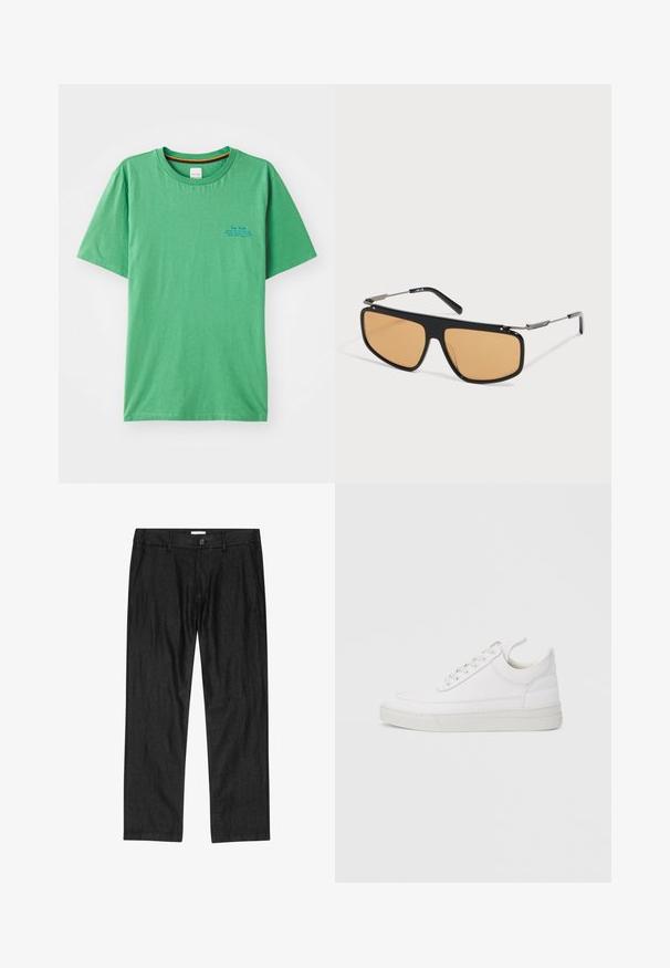 T-shirt en coton vert avec un col rond, des manches courtes et un petit texte bleu sur le côté gauche de la poitrine. Texture lisse.; Pantalon droit pour homme noir avec bouton à l'avant, braguette à glissière et poches latérales, présenté à plat sur fond blanc.; Baskets en cuir blanc avec un embout arrondi, une semelle plate et un laçage à l'avant. Présentent des détails de couture et un col rembourré pour plus de confort.; Lunettes de soleil à monture noire avec des verres rectangulaires teintés orange et des branches métalliques fines reposant sur une surface blanche.