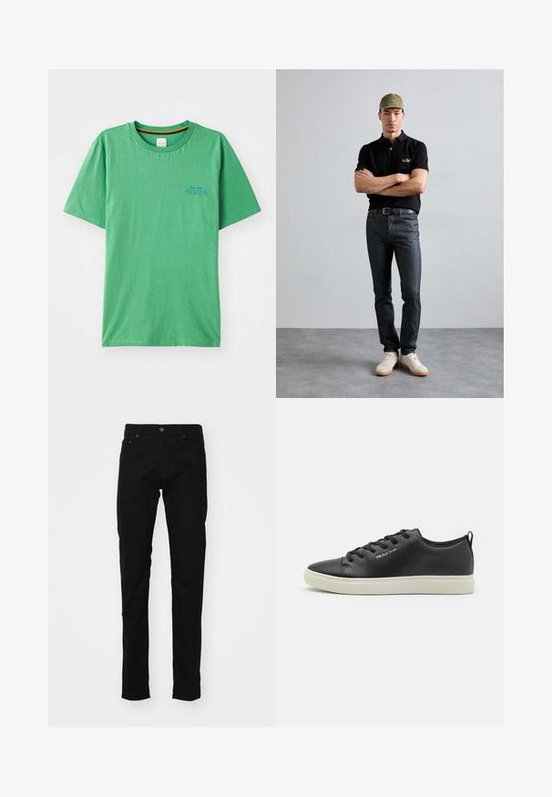 T-shirt en coton vert avec un col rond, des manches courtes et un petit texte bleu sur le côté gauche de la poitrine. Texture lisse.; Jeans en denim noir à coupe slim, avec un design classique à cinq poches, un bouton en métal et des détails de couture sur les poches.; Baskets en cuir noir à bout rond, avec une semelle en caoutchouc blanche contrastante, une fermeture à lacets à six œillets et un branding subtil sur le côté.; T-shirt polo noir avec logo doré, jeans en denim foncé et chaussures claires. Casquette olive avec logo. Modèle se tient les bras croisés contre un fond texturé.