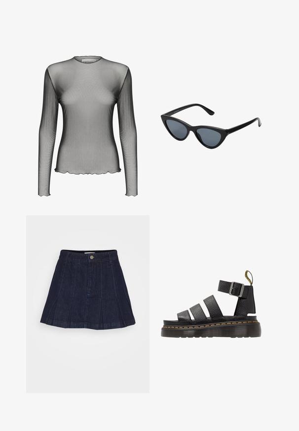 Haut à manches longues en mesh en tissu noir transparent avec un col rond et des bords festonnés ; présente une texture lisse et un design léger.; Guess Originals TENNIS SKIRT - Jupe plissée - dark wash; Sandale en cuir noir avec trois larges sangles, boucle en métal ajustable, semelle épaisse texturée et détail de surfilage orange le long du bord.; Lunettes de soleil noires en forme d'œil de chat avec des verres gris foncé, monture en plastique élégante, coins pointus et branches droites. Pas de métal visible ni d'accents.