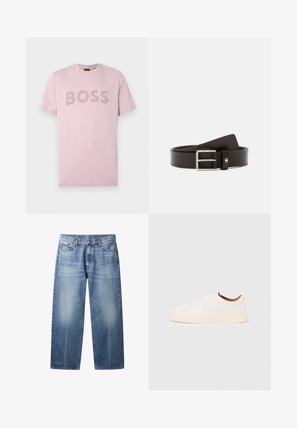 T-shirt en coton rose clair avec col rond et manches courtes, arborant le mot "BOSS" en lettres majuscules d'un rose plus foncé sur la poitrine.; Jean bleu clair à coupe droite avec zones délavées, cinq poches, fermeture par bouton et étiquette Calvin Klein sur la poche avant droite.; Baskets blanches basses avec un design à lacets, des détails de couture minimalistes, et une semelle couleur crème sur un fond gris clair.; Ceinture en cuir marron avec une boucle en métal argenté rectangulaire. Texture lisse et design épuré, avec un petit accent près de la boucle.