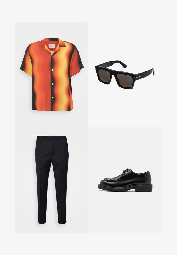 Chemise à manches courtes avec boutons, de couleur orange vif et noir, ornée d'un motif ondulé. Fabriquée en tissu lisse, elle possède des boutons blancs et un col.; Pantalon noir en tissu léger, avec une taille élastique, des poches latérales et des poignets roulés. Texture lisse avec des plis à l'avant.; Chaussure en cuir noir avec un bout arrondi, des détails cousus, des lacets minimalistes et une semelle en caoutchouc épaisse pour une meilleure traction et durabilité.; Lunettes de soleil noires carrées avec des verres teintés, dotées d'accents dorés sur les branches et d'une texture en plastique lisse.