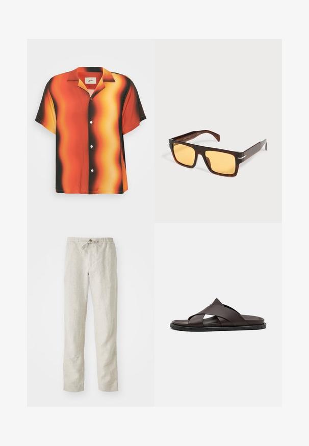 Chemise à manches courtes avec boutons, de couleur orange vif et noir, ornée d'un motif ondulé. Fabriquée en tissu lisse, elle possède des boutons blancs et un col.; Pantalons en lin beige clair avec une coupe droite, une taille élastique, un cordon de serrage ajustable et sans motifs ni accessoires visibles.; Stuart Weitzman BERKLEY - Mules - espresso; Lunettes de soleil rectangulaires en écaille avec de larges montures et des verres teintés jaunes sur fond blanc.