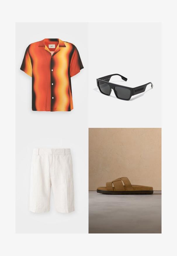 Korte mouwen overhemd met knopen in levendig oranje en zwart met een golvend patroon. Gemaakt van gladde stof, met witte knopen en een kraag.; Linnen shorts in lichtbeige met een elastische tailleband, zijzakken en een rechte snit. Vlotte textuur met minimaal zichtbare stiksels.; Bruine suède instapsandaal met zwarte zool zwevend boven beige gestructureerd tapijt, ronde houten salontafel en bank op de achtergrond.; Zwarte zonnebril met een rechthoekige vorm, matte afwerking en grijze lenzen. Voorzien van een reliëflogo op de pootjes. Klassiek ontwerp.